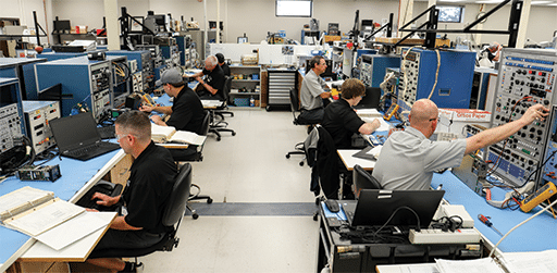 Shown here are a group of Duncan Aviation Component Services bench technicians. Electronics troubleshooting takes years of experience to master, according to Dustin Johnson at Duncan Aviation. “Avionics repair is one of the few electronics areas performed mainly by manually troubleshooting down to a component level and then having that mechanical or electronic component replaced by a trained electronics technician,” Johnson says. Duncan Aviation image.