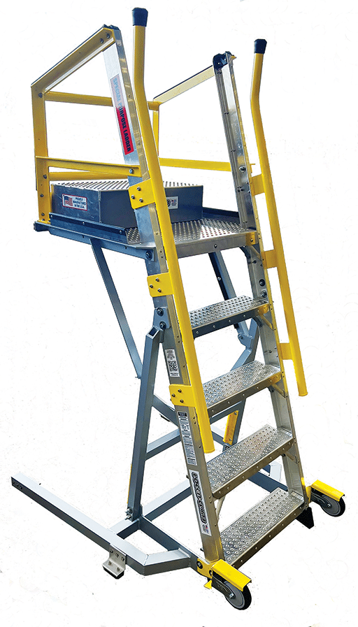 LockNClimb’s 51-inch high platform ladder features an OSHA 1AA Special Purpose ladder, ANSI tested to hold 375lbs. It allows technicians to quickly roll around an aircraft to service avionics, hydraulic, oxygen, E&E ports and many others. LockNClimb image.