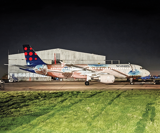 One of Airbourne Colours’ latest triumphs is shown here on a Brussels Airlines A320 that features the Atomium, a 102-m high representation of an iron crystal that was built for the 1958 Brussels World Fair. Airbourne Colours image.