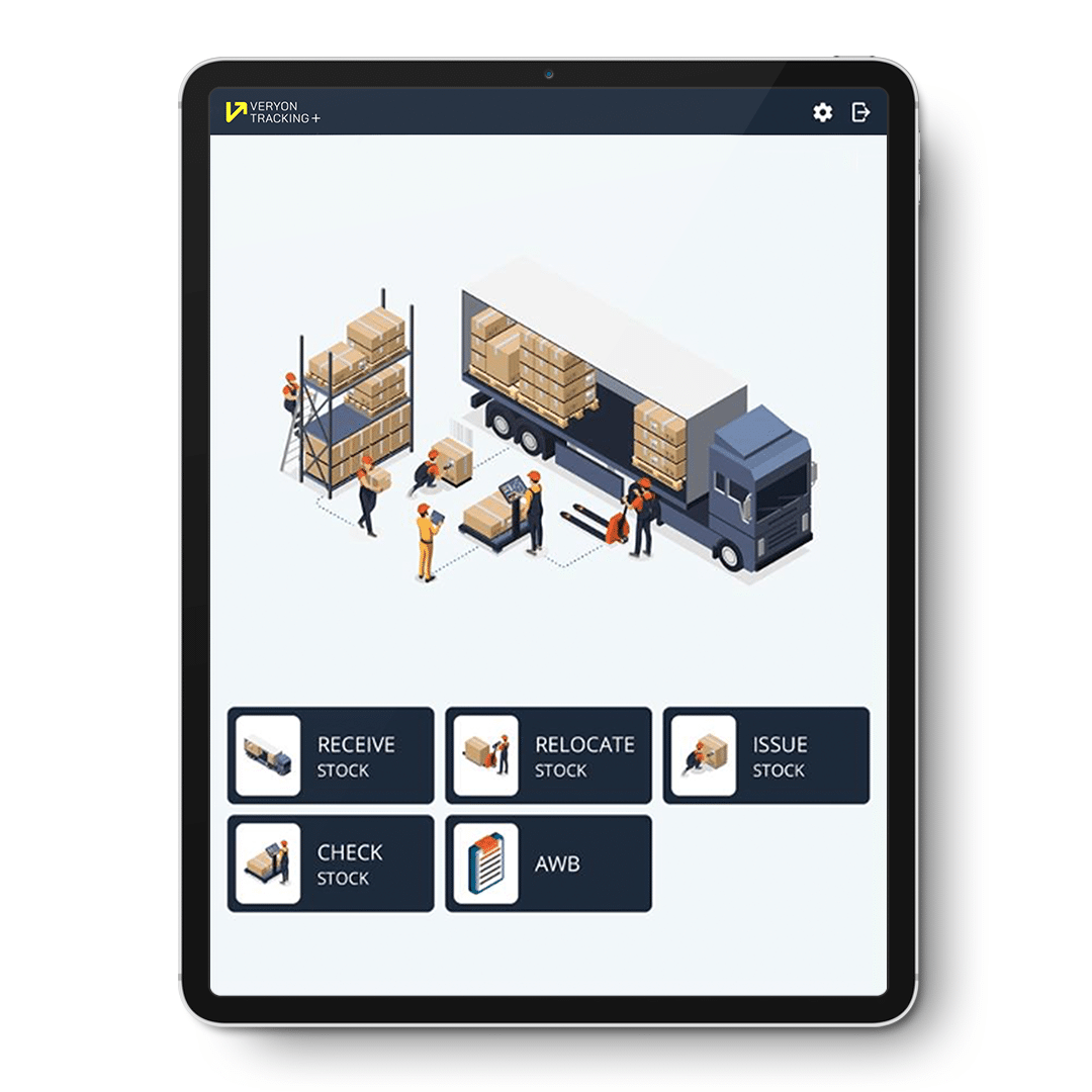 Veryon Tracking+ and Veryon Stock mobile app capture real-time activity directly from the stockroom; receipts, issues, relocations, counts and Air Waybill processing all update the system instantly. Veryon image.