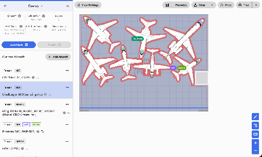 AirPlx’s purpose-built hangar and ramp planning software combines visual planning, aircraft geometry, scheduling, simulation and optimization in one place. Shown here is a digital twin of a real hangar with aircraft and visualizing customer SOPs. AirPlx image.