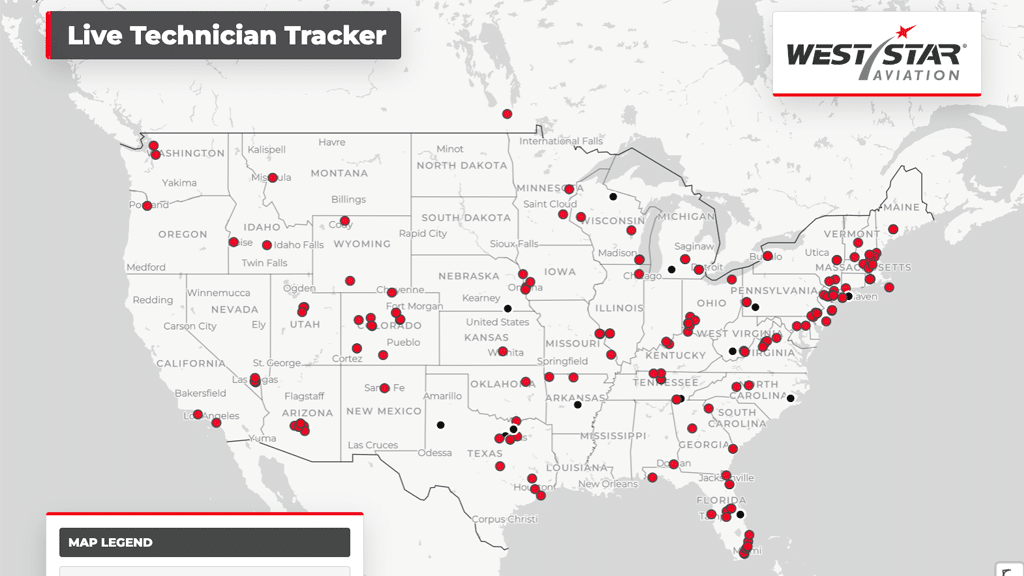 West Star Aviation’s New Live Technician Tracking Map Gives Operators Real-Time Visibility into AOG Technician Locations and Technical Expertise Nationwide